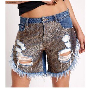 One Teaspoon Hand Beaded Denim Jean Shorts Dark Blue Low Waist Long Length